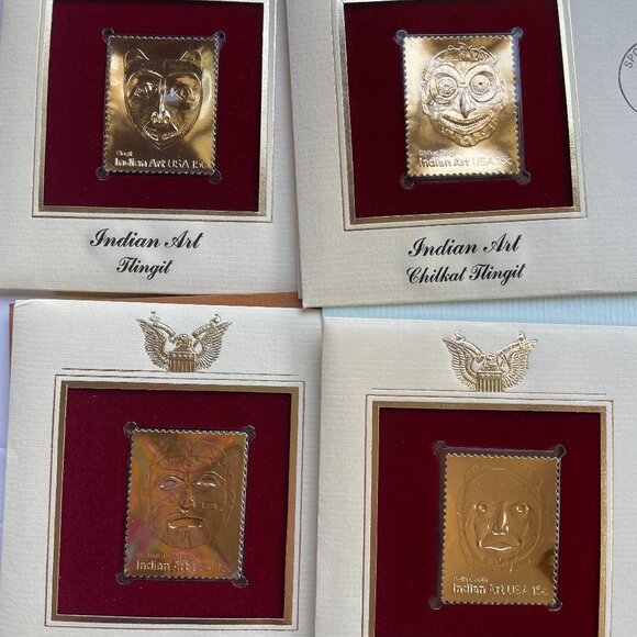 22kt Golden Replica Stamps 6 Piece Set Indian Art & Christmas 1980 - Picture 8 of 11